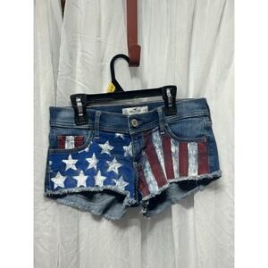 VTG Y2K Hollister Micro Mini Jean Short Shorts Hand Painted USA Flag Denim Sz 3